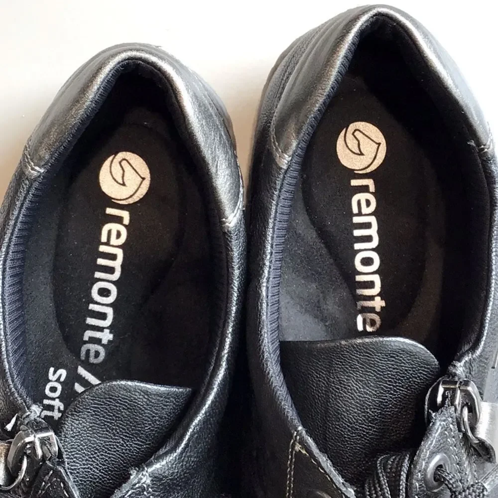 Remonte by Rieker Black Metallic Sheen Leather Zip Side Casual Lace Up Sneakers - Picture 9 of 16